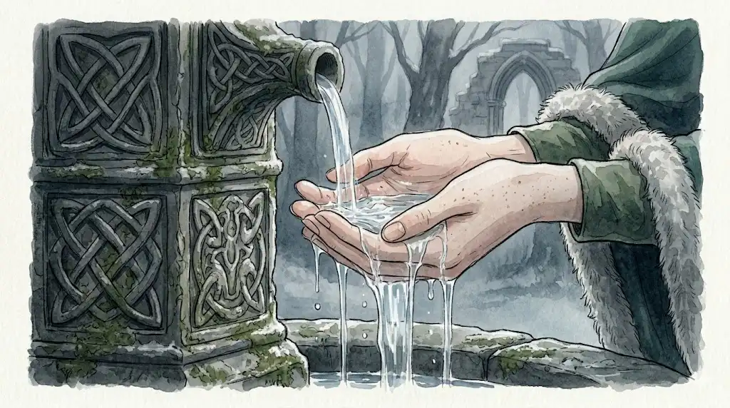 水で洗う夢の本質を映し出す、古い泉から両手で水をすくい上げる幻想的なイラスト