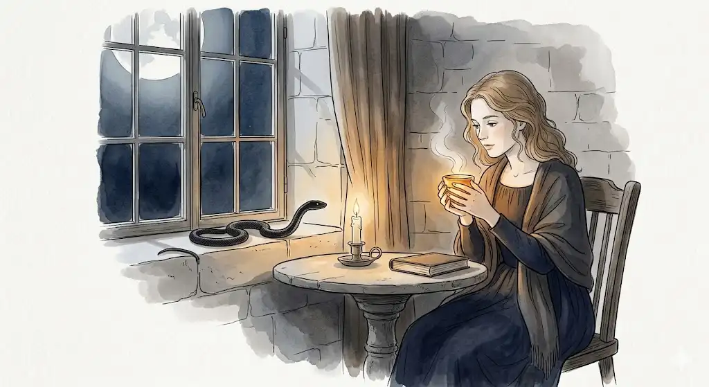 黒い蛇の夢を見た夜の沈降儀式を表す、温かい光の部屋のイラスト