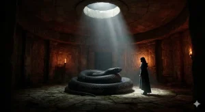 黒い蛇の夢の意味を象徴する、石の間に佇む黒蛇と月光のイラスト