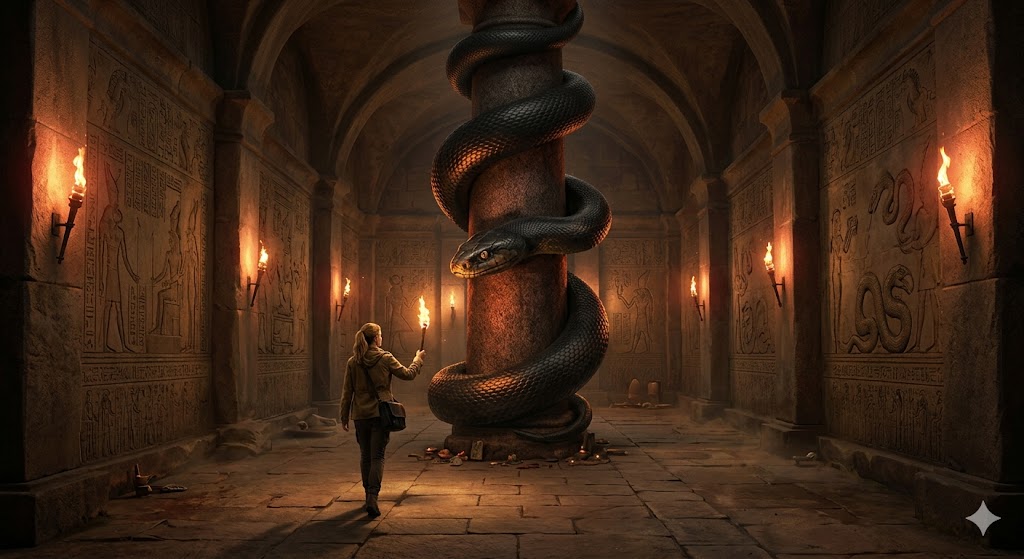 世界神話における黒い蛇の守護者としての姿を描いた荘厳な地下神殿のイラスト