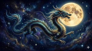 満月の夜空を飛ぶ青い龍を描いた、青い龍の夢の幻想的なアイキャッチイラスト