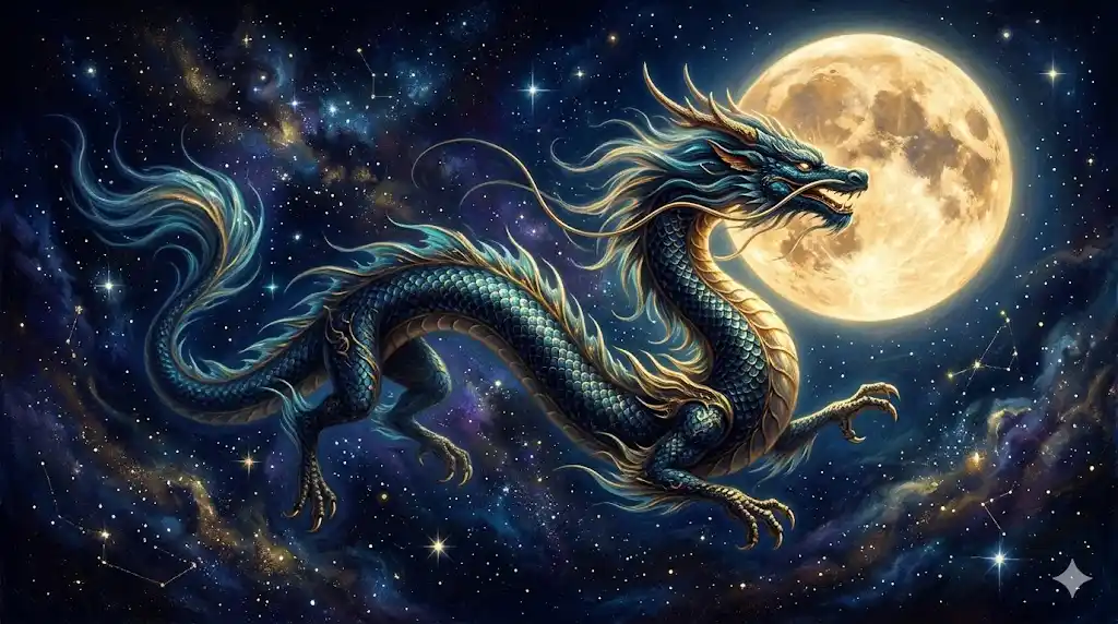 満月の夜空を飛ぶ青い龍を描いた、青い龍の夢の幻想的なアイキャッチイラスト