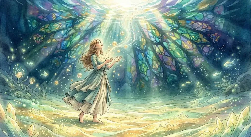 深海に沈む夢のクライマックスを描いた、海底から上空の光を見上げる女性のイラスト