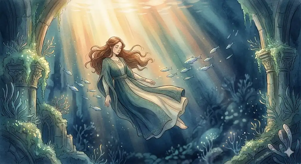 深海に沈む夢の意味を紐解く、黄金の光が差し込む美しい海の底と女性のイラスト