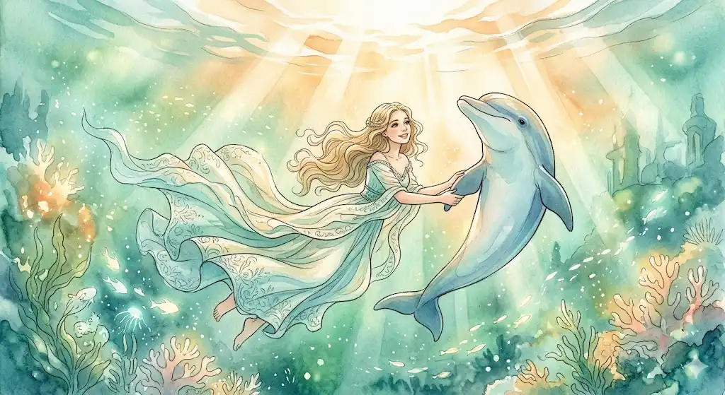イルカと一緒にエメラルドグリーンの海を泳ぐ女性の心理学的シンボルのイラスト