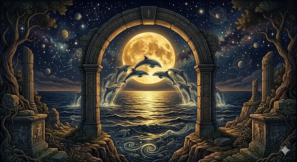 古代の遺跡から見渡す海と満月の下で跳ねるイルカたちの神話的イラスト