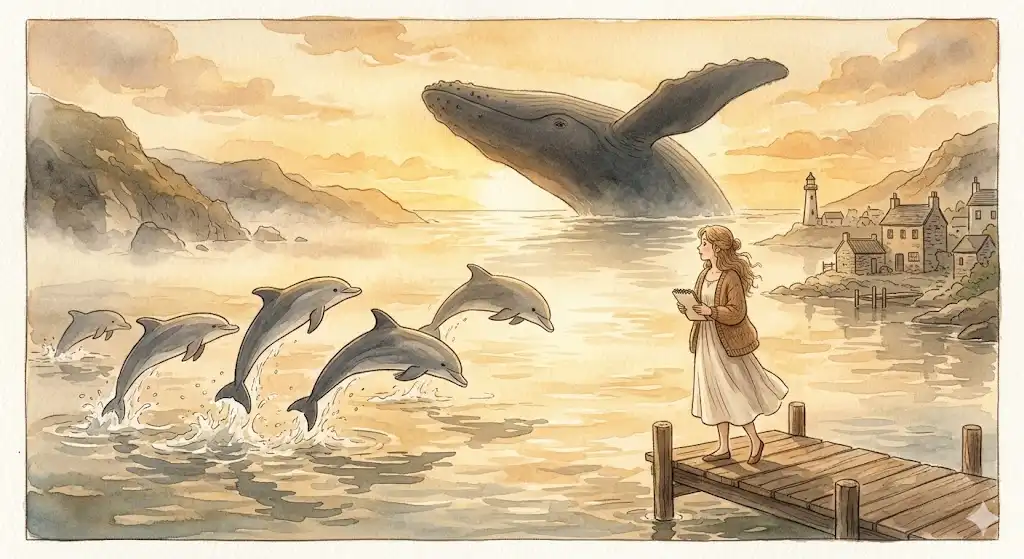 夢に出てくるクジラとイルカの象徴的な意味の違いを表現した、静かな朝の海のイラスト