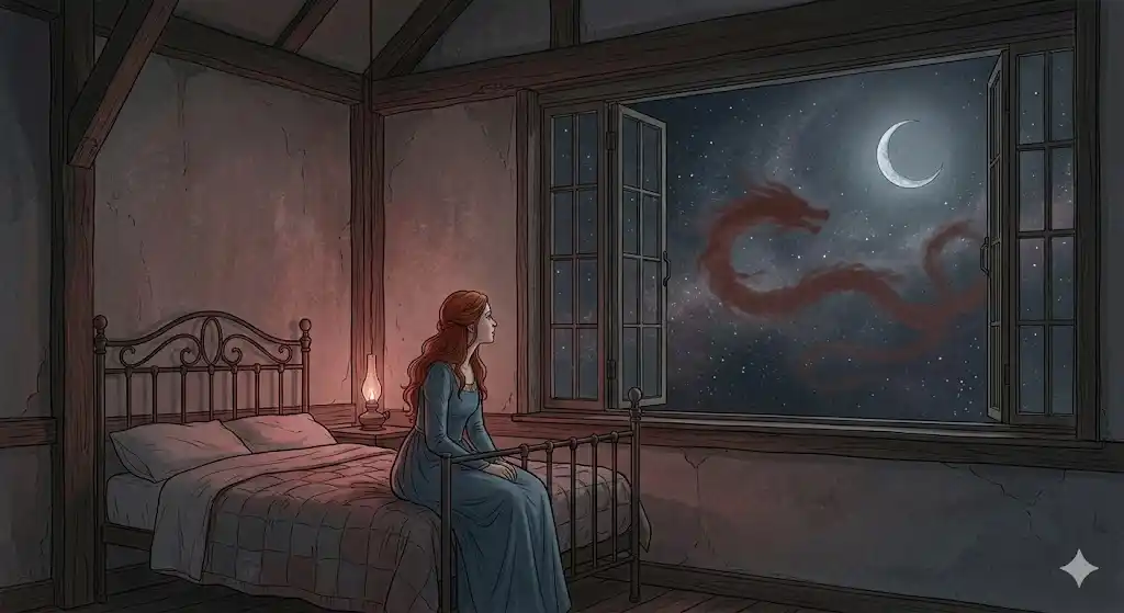 夢から覚めて夜空を見つめる女性と、雲の間に消えゆく龍の影。龍の夢が怖いと感じる心理を表現。