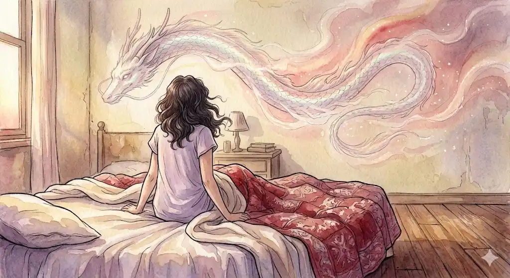夢から覚めた女性の後ろ姿と、胸の奥に静かに残る龍の気配を描いた幻想的な情景
