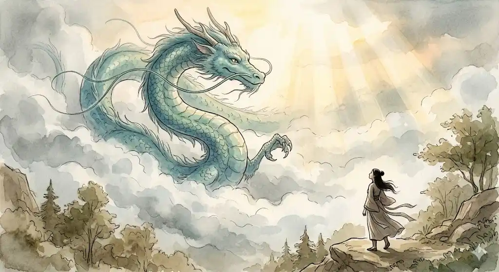 霧の中から青緑色の鱗を光らせて初めて姿を現す龍のイラスト