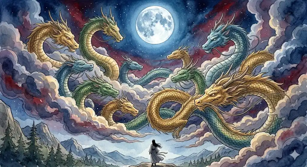 金・緑・青の自然な色合いの鱗を持つ複数の龍が雲の中で渦を描く龍の夢のイラスト