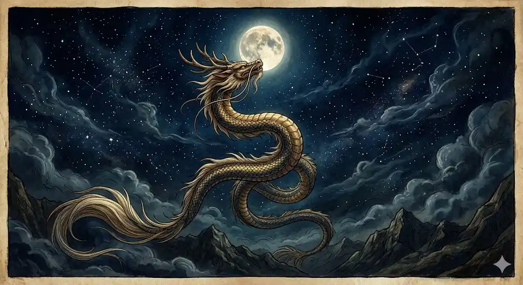 満月が浮かぶ夜空へ向かって上昇する東洋の龍を描いた幻想的なイラスト【龍が空を飛ぶ夢】