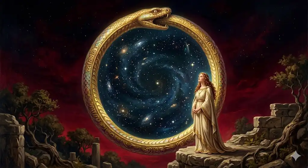 世界神話に登場する宇宙蛇ウロボロスとそれを見つめる女性の神話的なイラスト