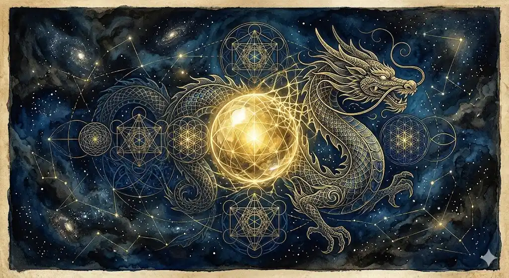 古い扉の向こうから漏れる金色の光と、空から舞い降りる金の龍を描いた転換期のクライマックスイラスト
