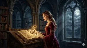金色の蛇の夢の意味を読み解く、西洋幻想的な図書館と美しい女性のイラスト