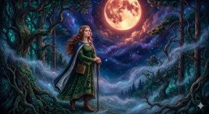 蛇を殺す夢の意味を紐解く、満月と美しい女性の幻想的な絵本風アイキャッチイラスト