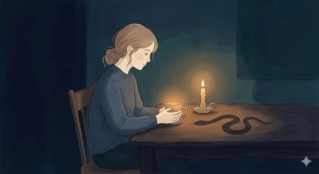 温かいカップを両手で持ち夜の調律を行う女性と蛇の影のミニマリズムイラスト