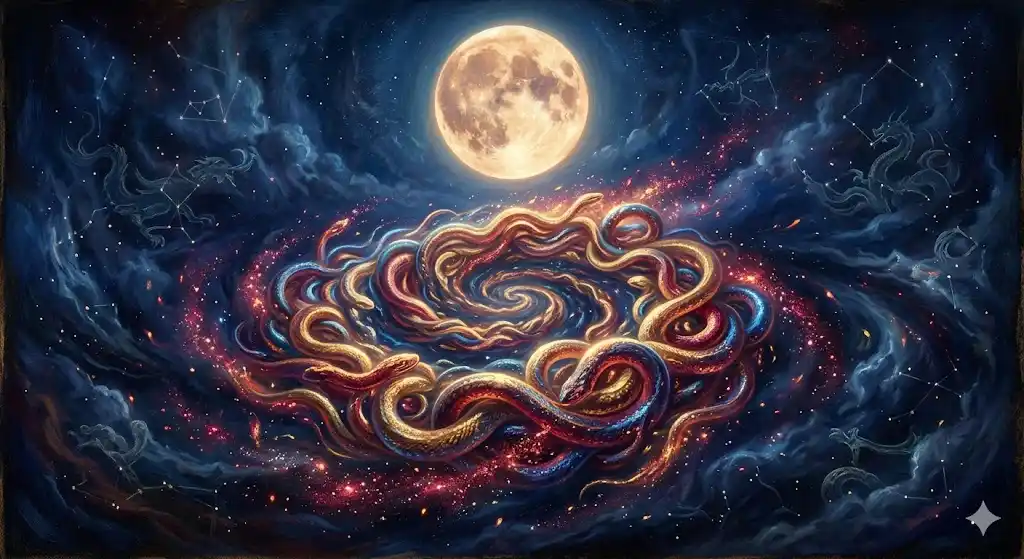 蛇がたくさん出る夢の象徴的な世界観を描いた深紅と金色の幻想的なイラスト