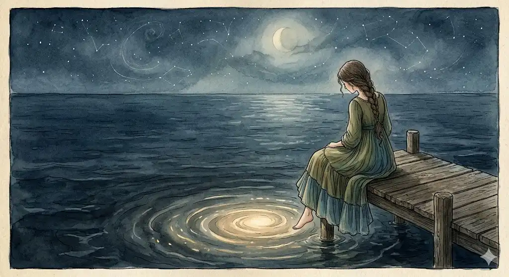 夢に出てきた暗い海の底から静かに湧き上がる、暖かい金色の無意識の光を描いたイラスト