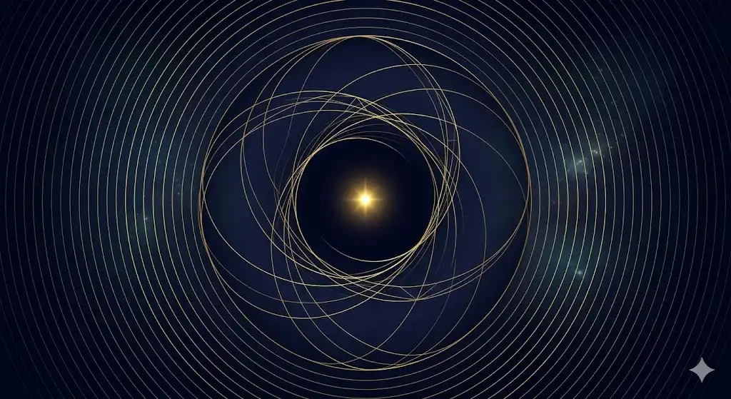現象学の見えないものへ向かう意識を幾何学的に表した、宇宙的な渦と金色の光のシンボルイラスト