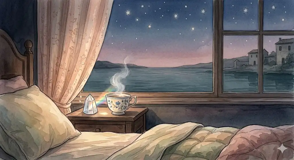 海を泳ぐ夢の調律ワークを実践するための、静かな夜の部屋と凪いだ海のイラスト