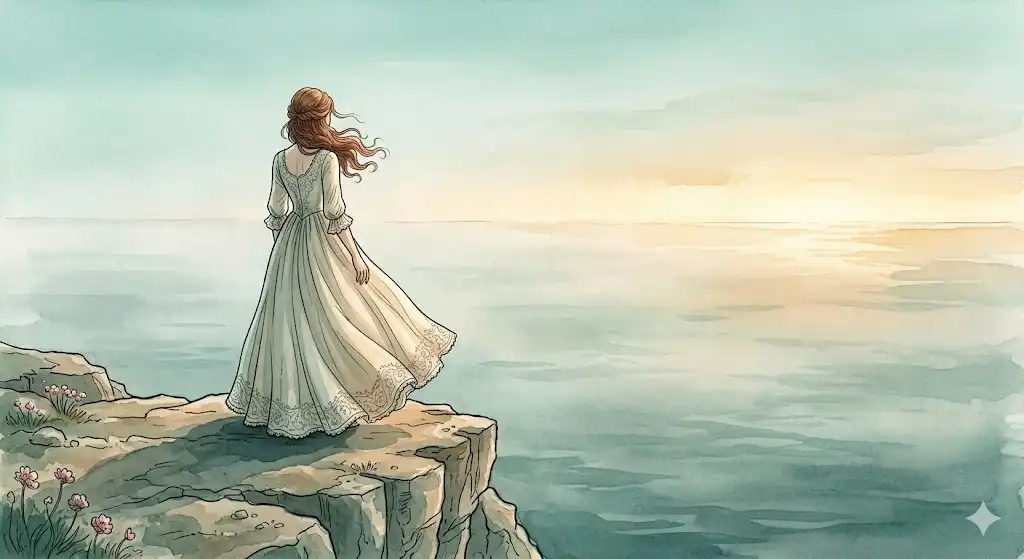 海を泳ぐ夢の導入部に配置された、霧深い海を見つめる女性の後ろ姿を描いたイラスト