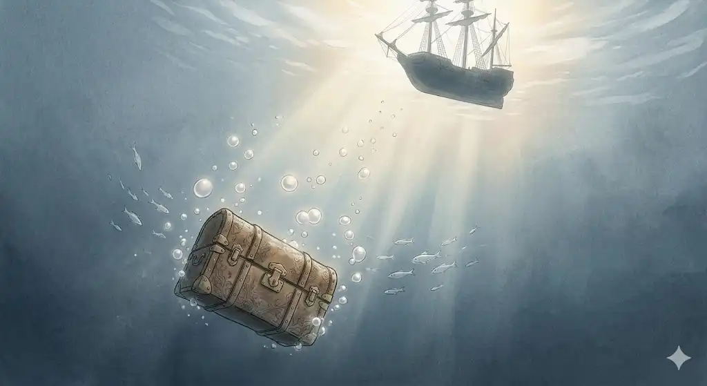 夢のメッセージ。不要な古いトランクが静かに水底へと沈み、軽やかさを取り戻す船の幻想的なイラスト
