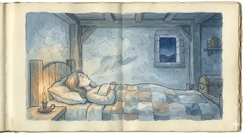 呼吸とともに静かに眠りへ向かう人物を描いた、眠る夢・寝る夢のための夜の調律イラスト