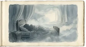 眠る夢・寝る夢の意味を象徴する、霧に包まれた静かな寝室と人物のイラスト