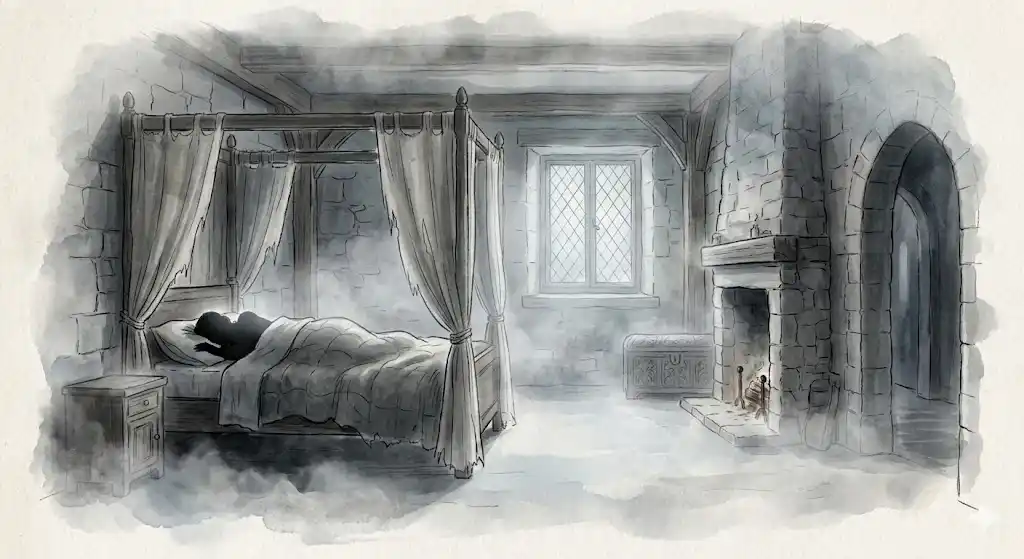 眠る夢・寝る夢を見ている人物のシルエットと、霧に包まれた静かな寝室のイラスト