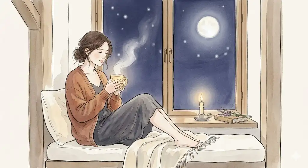 蛇に噛まれる夢を見た夜の調律として、満月の窓辺で温かいドリンクを両手で包む女性のイラスト