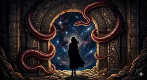 蛇に噛まれる夢の意味を象徴する、古代の石のアーチと宇宙の夜空に立つ女性のシルエット