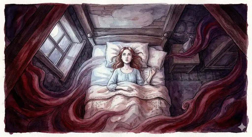 蛇に噛まれる夢から目覚めた直後、天井を見つめる女性を描いた幻想的なイラスト