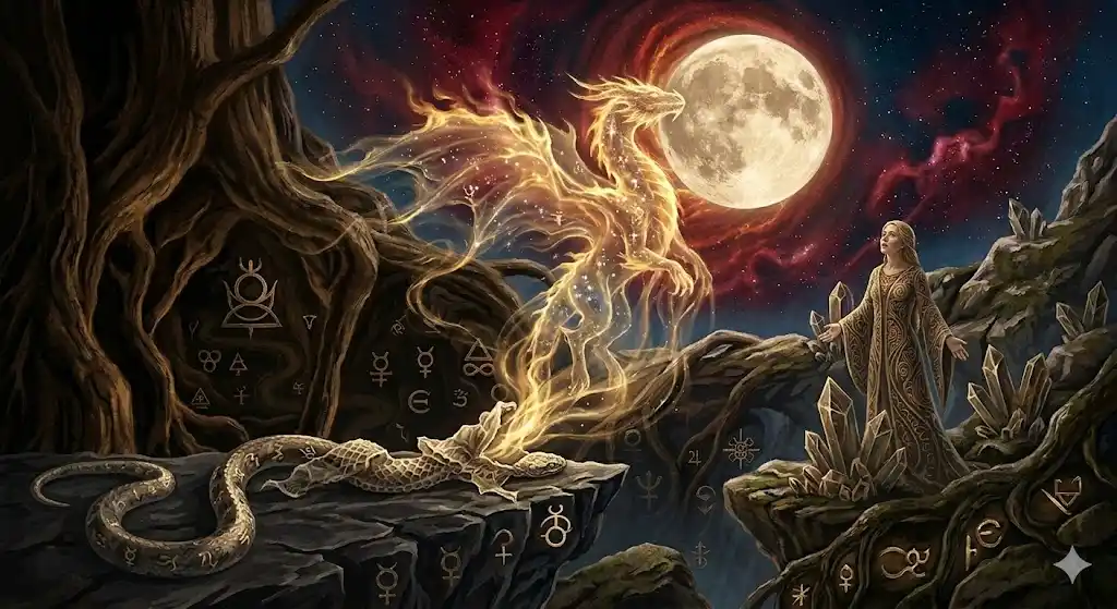 蛇の古い皮から星の光をまとった龍が夜空へと飛び立つ、神話的な変容のイラスト