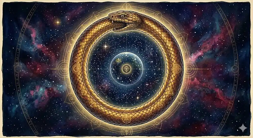 ユング心理学のウロボロスを象徴する宇宙を内包した黄金の蛇の輪のイラスト
