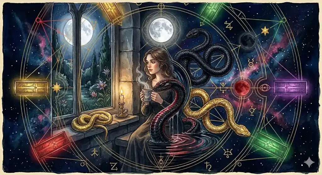 蛇の夢を見た夜に温かい飲み物を持つ女性と窓辺の金色の蛇を描いた幻想的なイラスト
