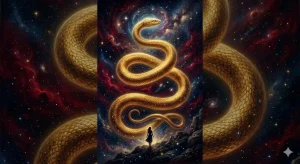 蛇の夢の意味を象徴する金色の巨大な蛇と宇宙の深淵を描いた幻想的なイラスト