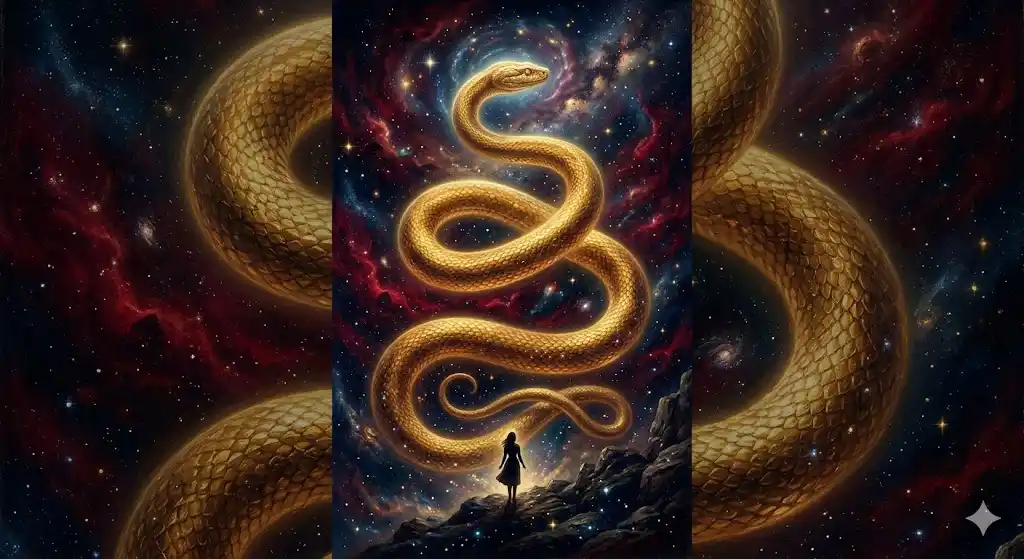 蛇の夢の意味を象徴する金色の巨大な蛇と宇宙の深淵を描いた幻想的なイラスト