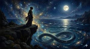 蛇が水の中にいる夢の意味を、星の光が反射する神秘的な夜の水面と女性のシルエットで表現したアイキャッチ