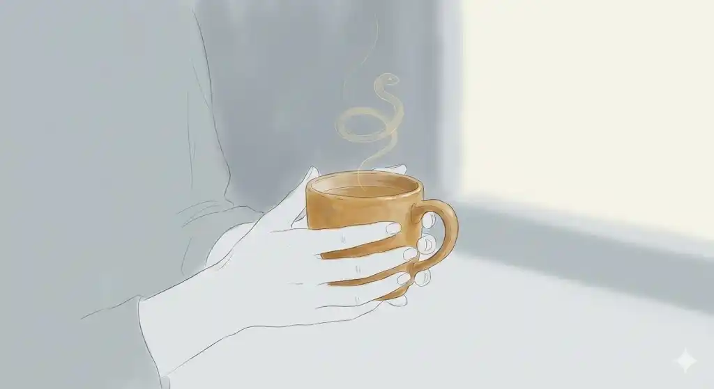 静かな夜に温かいマグカップを両手で包み込む女性の手元のイラスト
