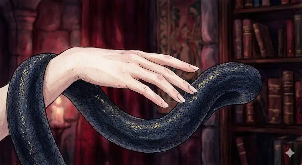 暗闇の中で女性の繊細な手が黒い蛇の鱗に静かに触れる瞬間を描いたイラスト