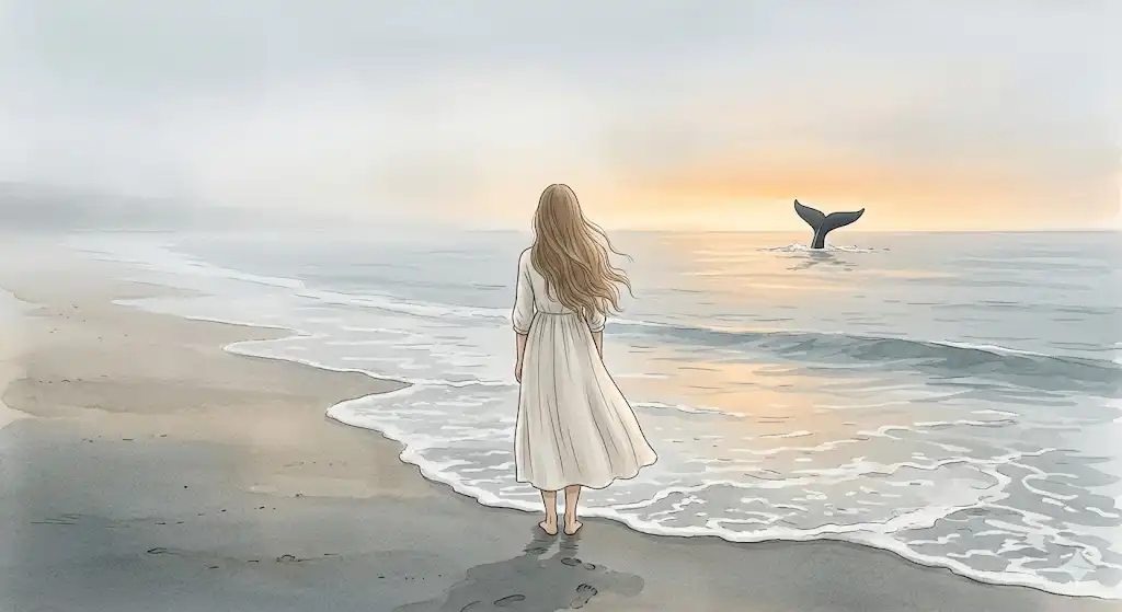 クジラの夢を現実の実践へと繋ぐ、夜明けの静かな砂浜に裸足で立つ女性の後ろ姿のイラスト