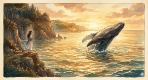 クジラの夢が伝えるメッセージを象徴する、黄金の海から静かに浮上するクジラと女性のイラスト