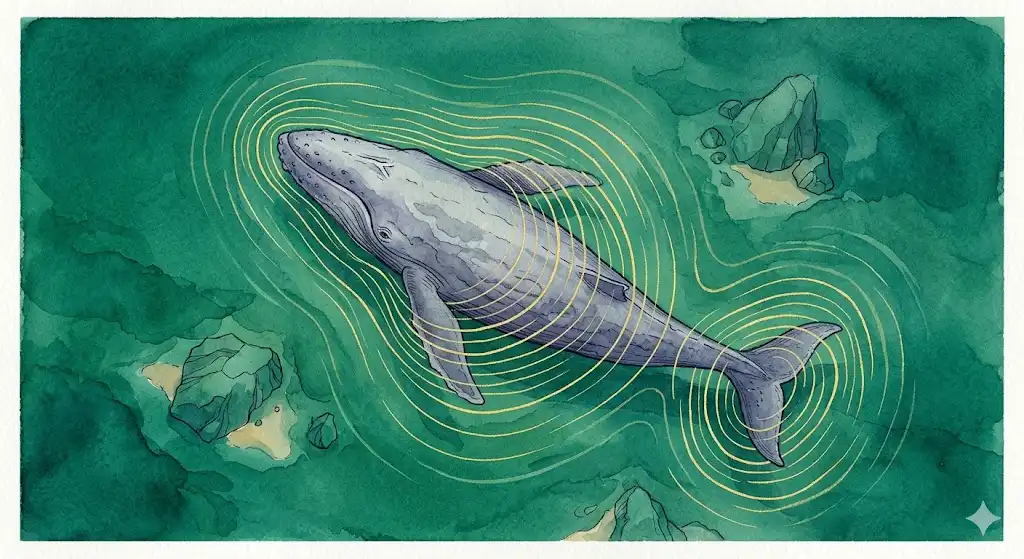 クジラの夢が示す深層心理の象徴として、澄んだエメラルドグリーンの海を泳ぐ巨大なクジラのイラスト