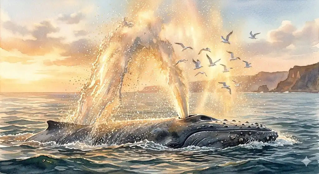 クジラの状況別の夢占いを象徴する、朝日に照らされて黄金に輝くクジラの潮吹きのイラスト
