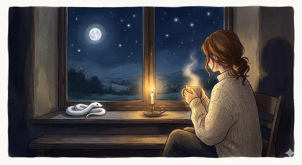 白い蛇の夢の調律ワーク|夜の窓辺で温かいドリンクを持つ女性のイラスト