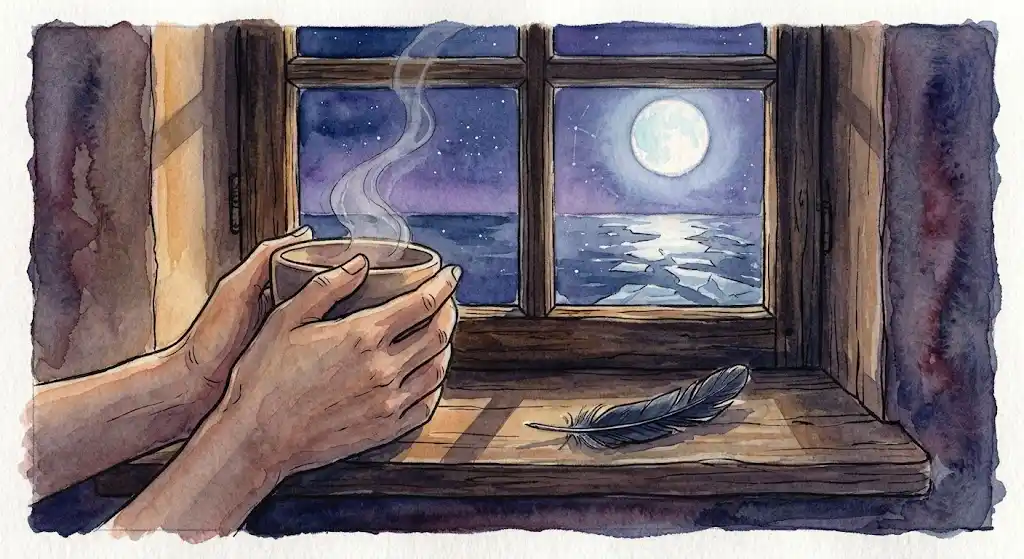 夕暮れの部屋で温かい飲み物を手に心を落ち着かせる静かな情景