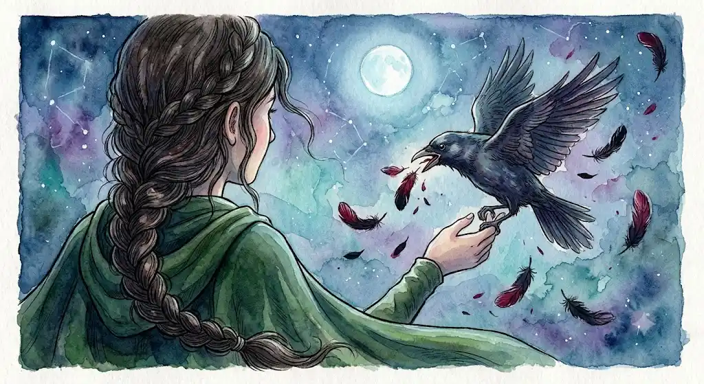 鳥に噛まれる夢の象徴を描いた、深紅と黒が混ざる幻想的な情景