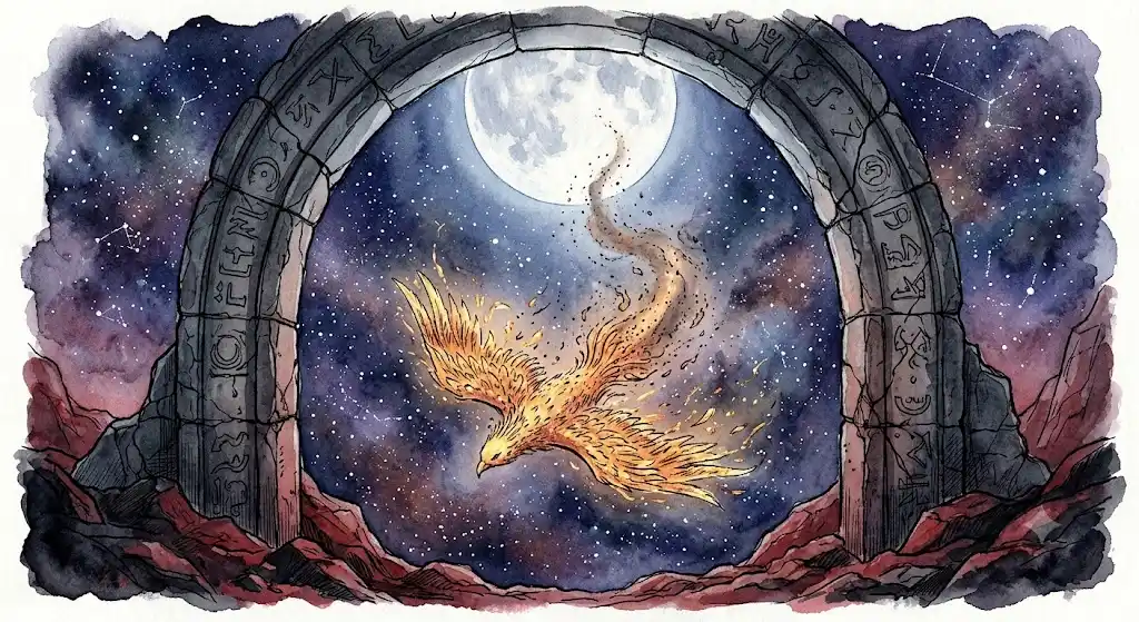 神話学が語る鳥の死と再生を象徴する、灰から蘇る不死鳥のモチーフを描いた情景
