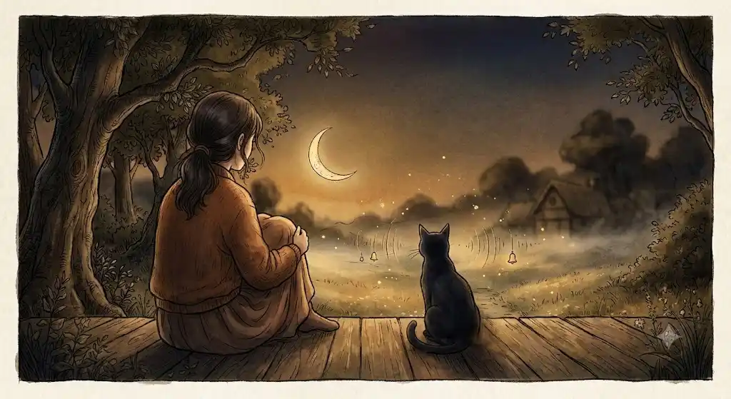 夜の静寂の中で黒猫と静かに向き合う後ろ姿、直感と深層の感覚に耳を澄ます情景